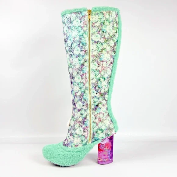 Irregular Choice “Lapin” Fuzzy Bunny Sequin Glitter Boots Mint Green & Pink - Picture 4 of 6